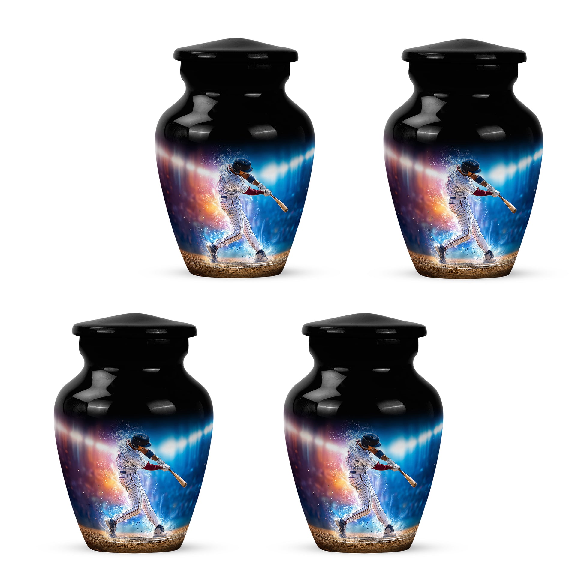 Glossy Black Baseball Cremation Urn side profile showing urn shape - timeless baseball motif etched into premium metal - 10 inch aluminum urn for cremated remains