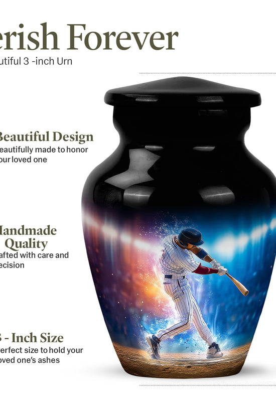 Dark Black Baseball Cremation Urn close-up of engraving and surface detail - traditional baseball engraving with hand-polished finish - mini keepsake memorial for portion of cremation ashes