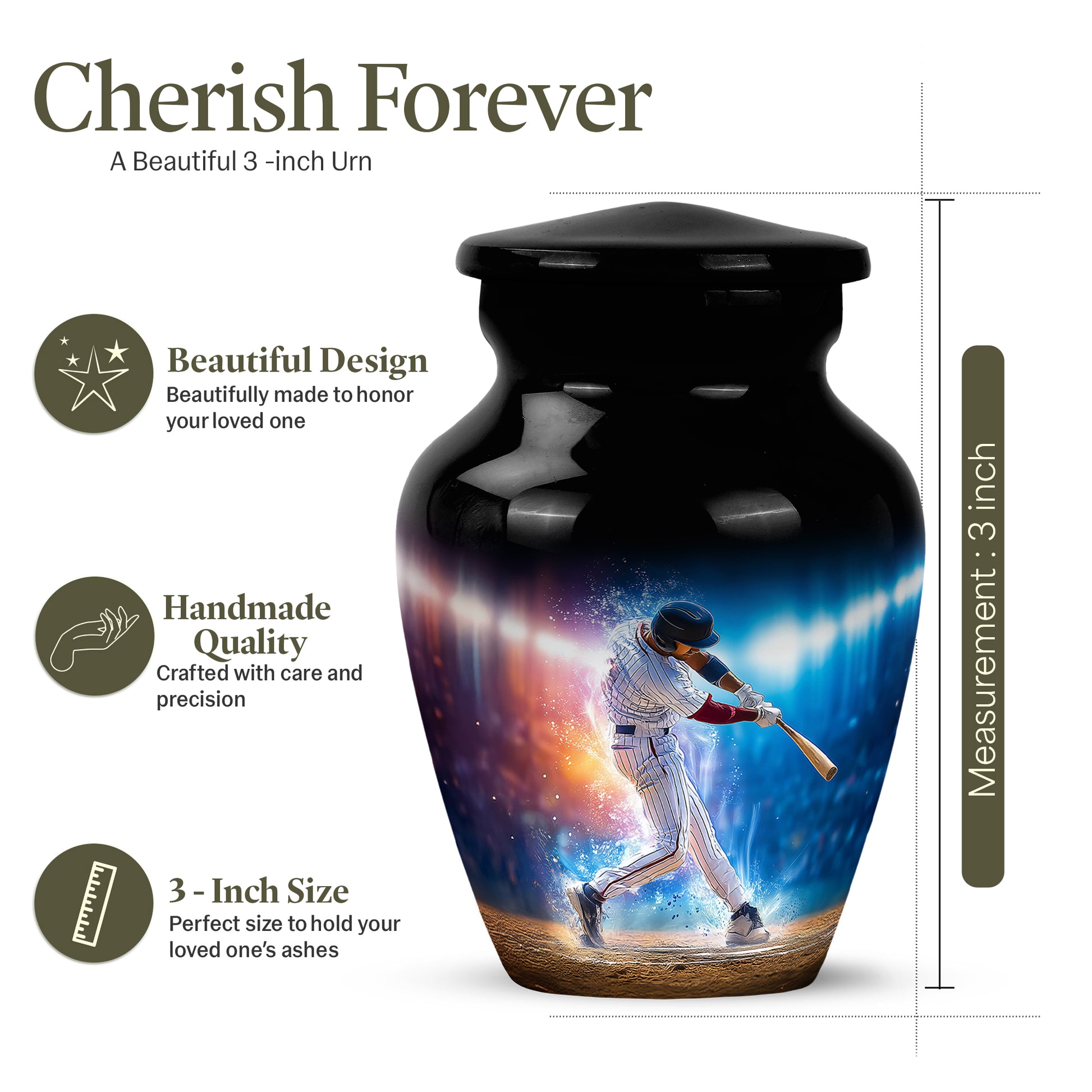 Dark Black Baseball Cremation Urn close-up of engraving and surface detail - traditional baseball engraving with hand-polished finish - mini keepsake memorial for portion of cremation ashes