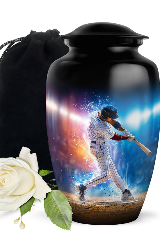 Rich Black Baseball Cremation Urn angled view of lid and engraved motif - classic sculpted baseball pattern on smooth aluminum - full-size 10 inch 200 cubic inch adult cremation urn