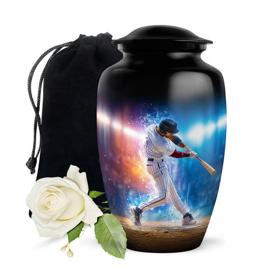 Rich Black Baseball Cremation Urn angled view of lid and engraved motif - classic sculpted baseball pattern on smooth aluminum - full-size 10 inch 200 cubic inch adult cremation urn
