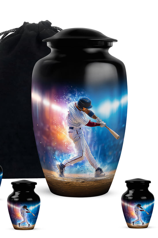 Rich Black Baseball Cremation Urn top-down view of secure threaded lid - classic sculpted baseball pattern on smooth aluminum - memorial set with one large and four small urns