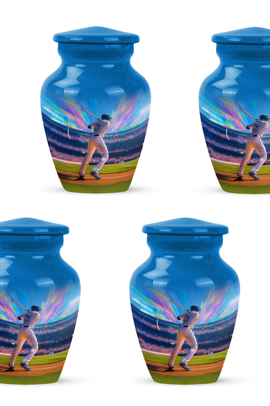 Sky Blue Baseball Cremation Urn side profile showing urn shape - timeless baseball motif etched into premium metal - 10 inch aluminum urn for cremated remains
