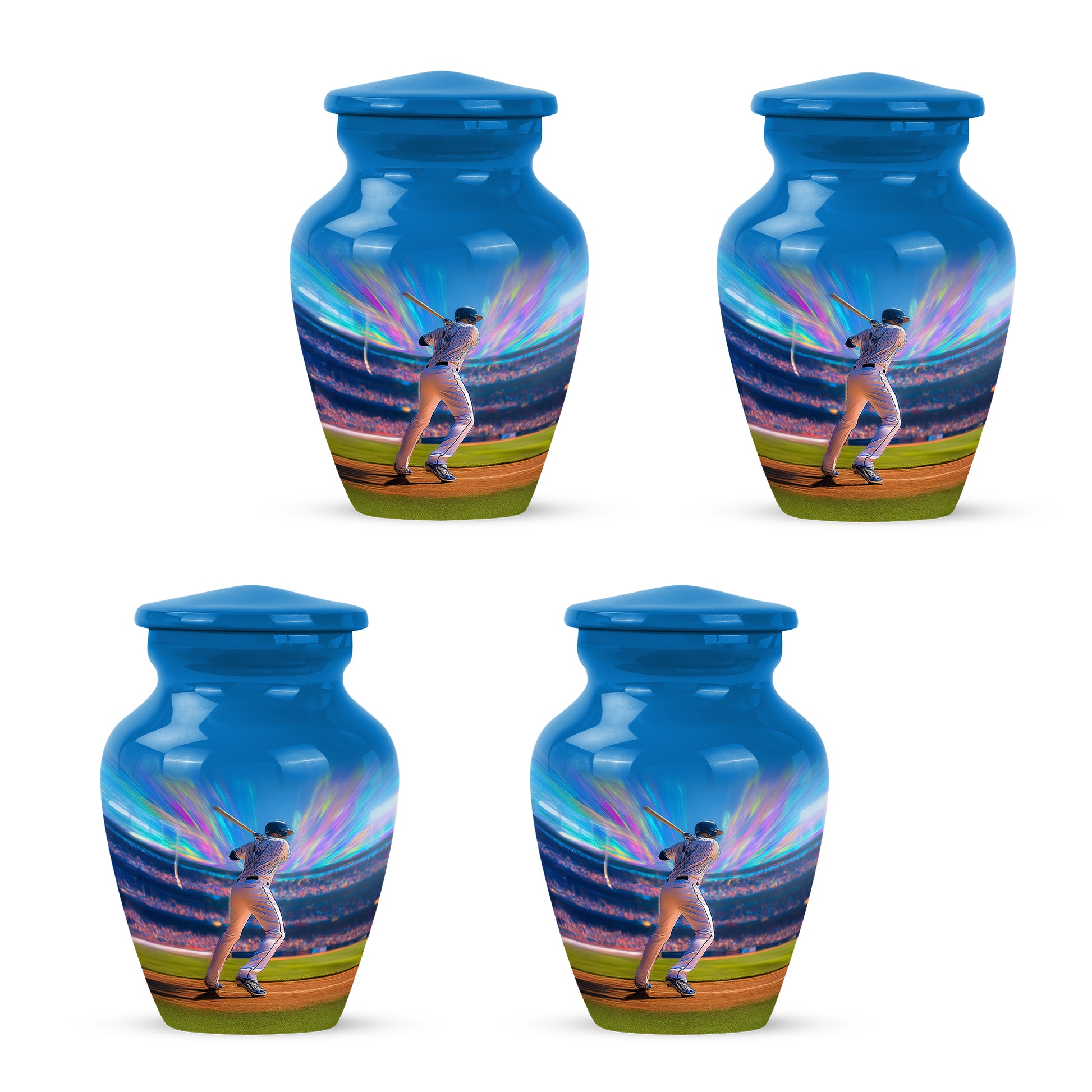 Sky Blue Baseball Cremation Urn side profile showing urn shape - timeless baseball motif etched into premium metal - 10 inch aluminum urn for cremated remains