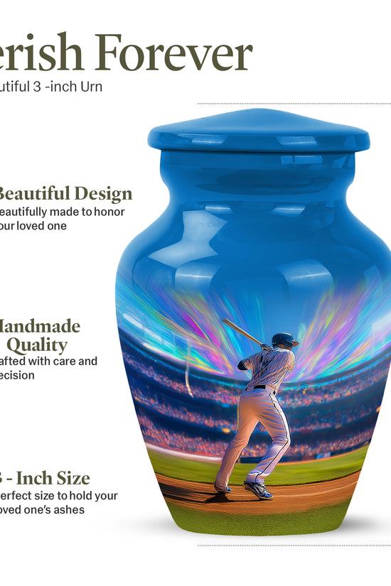 Misty Blue Baseball Cremation Urn close-up of engraving and surface detail - classic sculpted baseball pattern on smooth aluminum - mini keepsake memorial for portion of cremation ashes