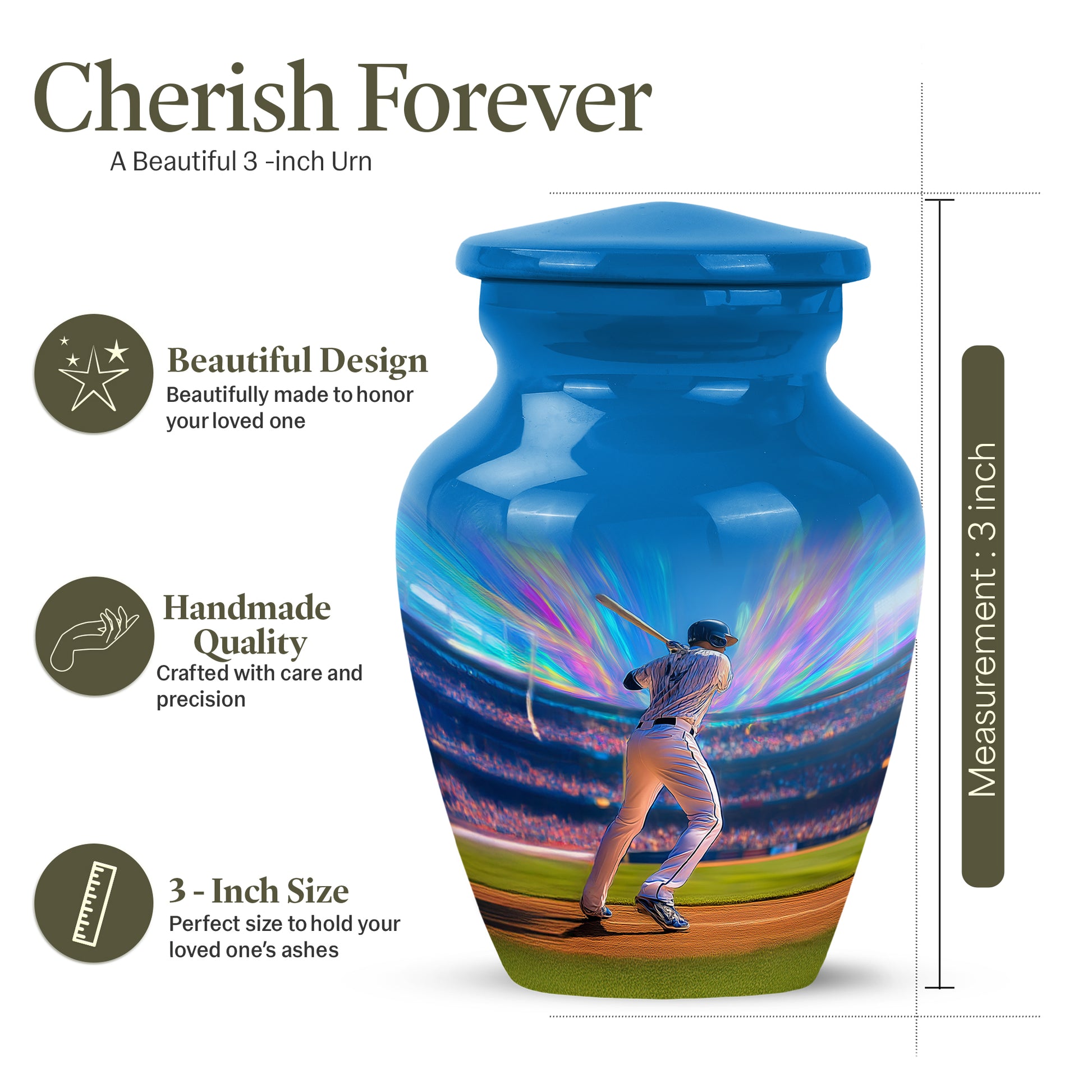 Misty Blue Baseball Cremation Urn close-up of engraving and surface detail - classic sculpted baseball pattern on smooth aluminum - mini keepsake memorial for portion of cremation ashes