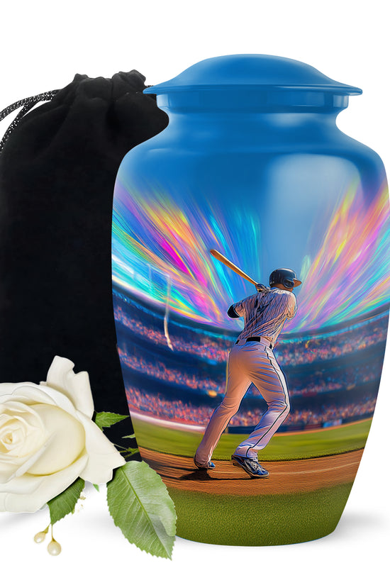 Pastel Blue Baseball Cremation Urn angled view of lid and engraved motif - classic sculpted baseball pattern on smooth aluminum - full-size 10 inch 200 cubic inch adult cremation urn