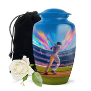 Pastel Blue Baseball Cremation Urn angled view of lid and engraved motif - classic sculpted baseball pattern on smooth aluminum - full-size 10 inch 200 cubic inch adult cremation urn