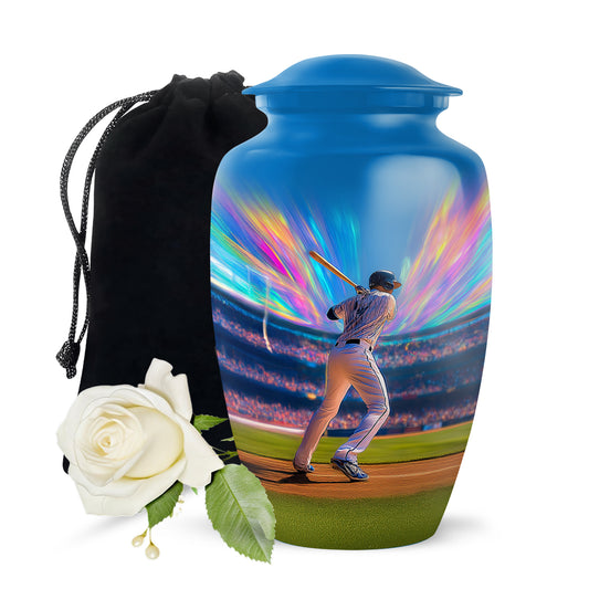 Pastel Blue Baseball Cremation Urn angled view of lid and engraved motif - classic sculpted baseball pattern on smooth aluminum - full-size 10 inch 200 cubic inch adult cremation urn