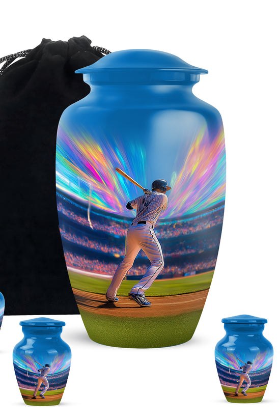 Soft Blue Baseball Cremation Urn top-down view of secure threaded lid - traditional baseball engraving with hand-polished finish - memorial set with one large and four small urns