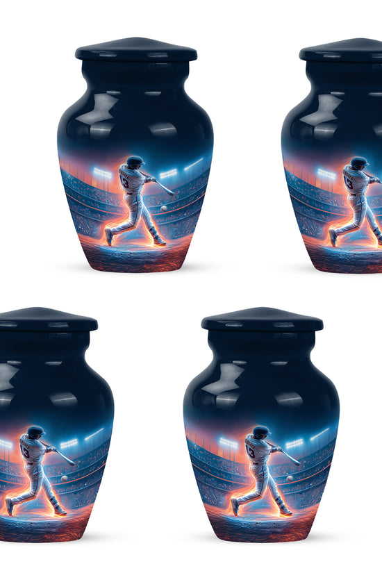 Calming Blue Baseball Cremation Urn side profile showing urn shape - traditional baseball engraving with hand-polished finish - 10 inch aluminum urn for cremated remains