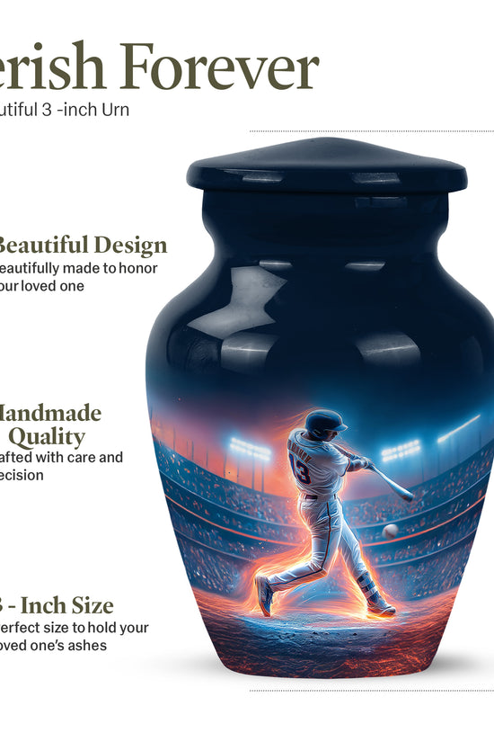 Celestial Blue Baseball Cremation Urn close-up of engraving and surface detail - classic sculpted baseball pattern on smooth aluminum - mini keepsake memorial for portion of cremation ashes