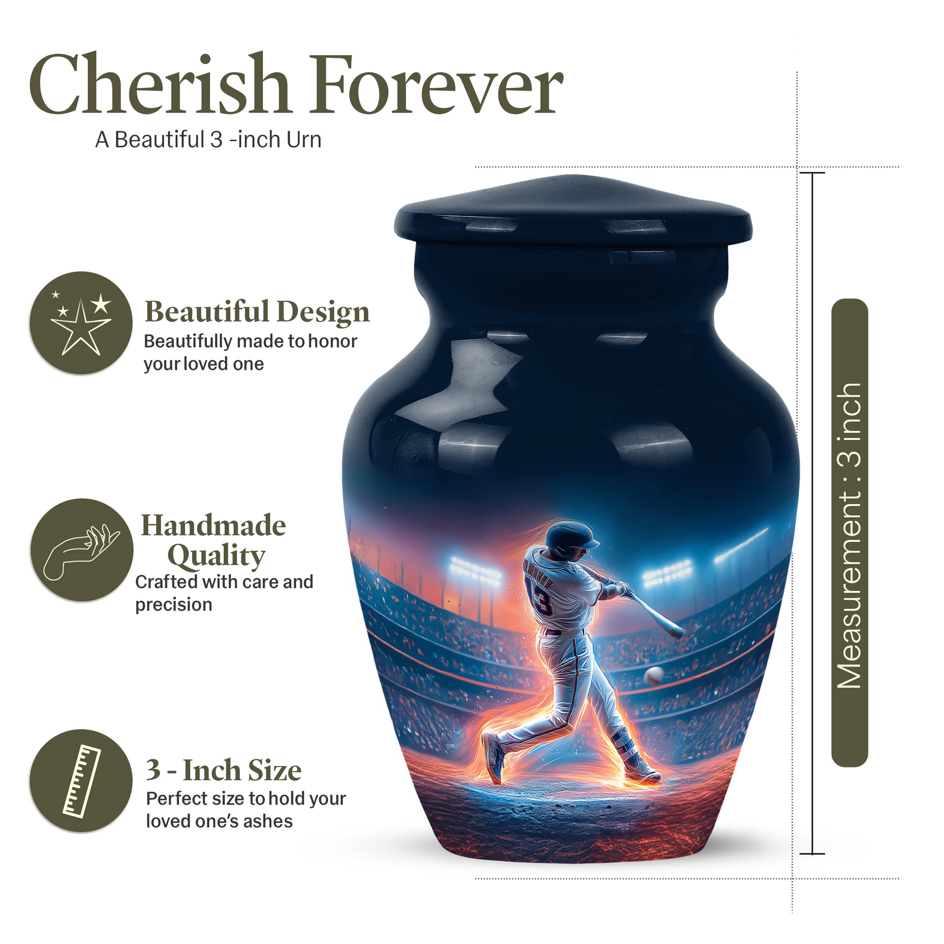 Celestial Blue Baseball Cremation Urn close-up of engraving and surface detail - classic sculpted baseball pattern on smooth aluminum - mini keepsake memorial for portion of cremation ashes