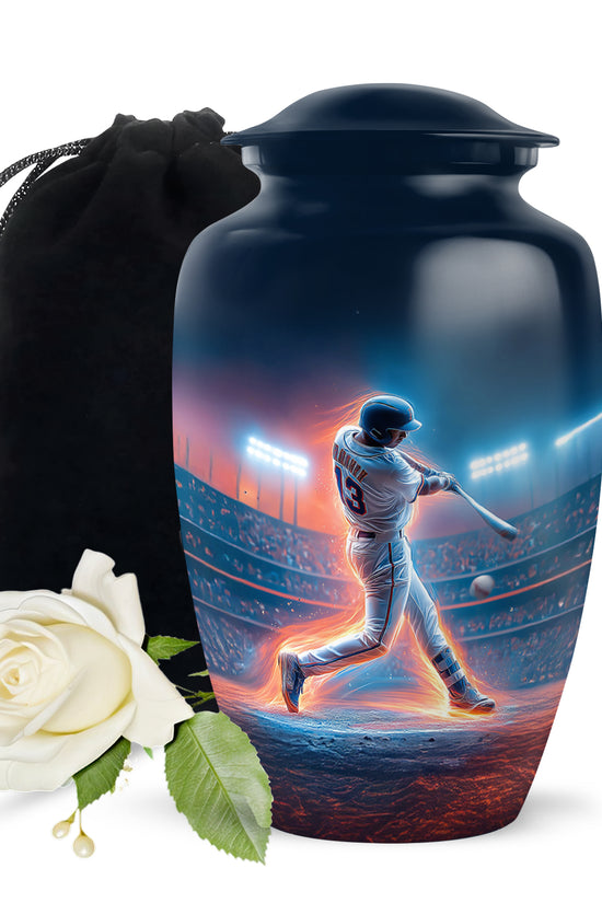 Misty Blue Baseball Cremation Urn angled view of lid and engraved motif - timeless baseball motif etched into premium metal - full-size 10 inch 200 cubic inch adult cremation urn