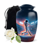 Misty Blue Baseball Cremation Urn angled view of lid and engraved motif - timeless baseball motif etched into premium metal - full-size 10 inch 200 cubic inch adult cremation urn