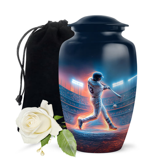 Misty Blue Baseball Cremation Urn angled view of lid and engraved motif - timeless baseball motif etched into premium metal - full-size 10 inch 200 cubic inch adult cremation urn