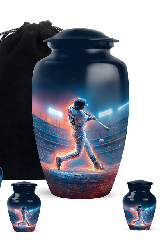 Serene Blue Baseball Cremation Urn top-down view of secure threaded lid - elegant classic baseball relief with fine detailing - memorial set with one large and four small urns
