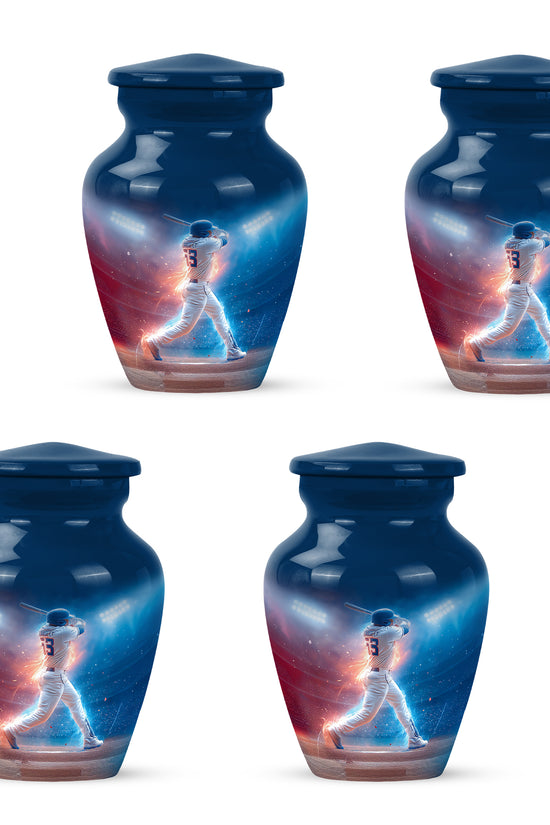 Indigo Baseball Cremation Urn side profile showing urn shape - timeless baseball motif etched into premium metal - 10 inch aluminum urn for cremated remains