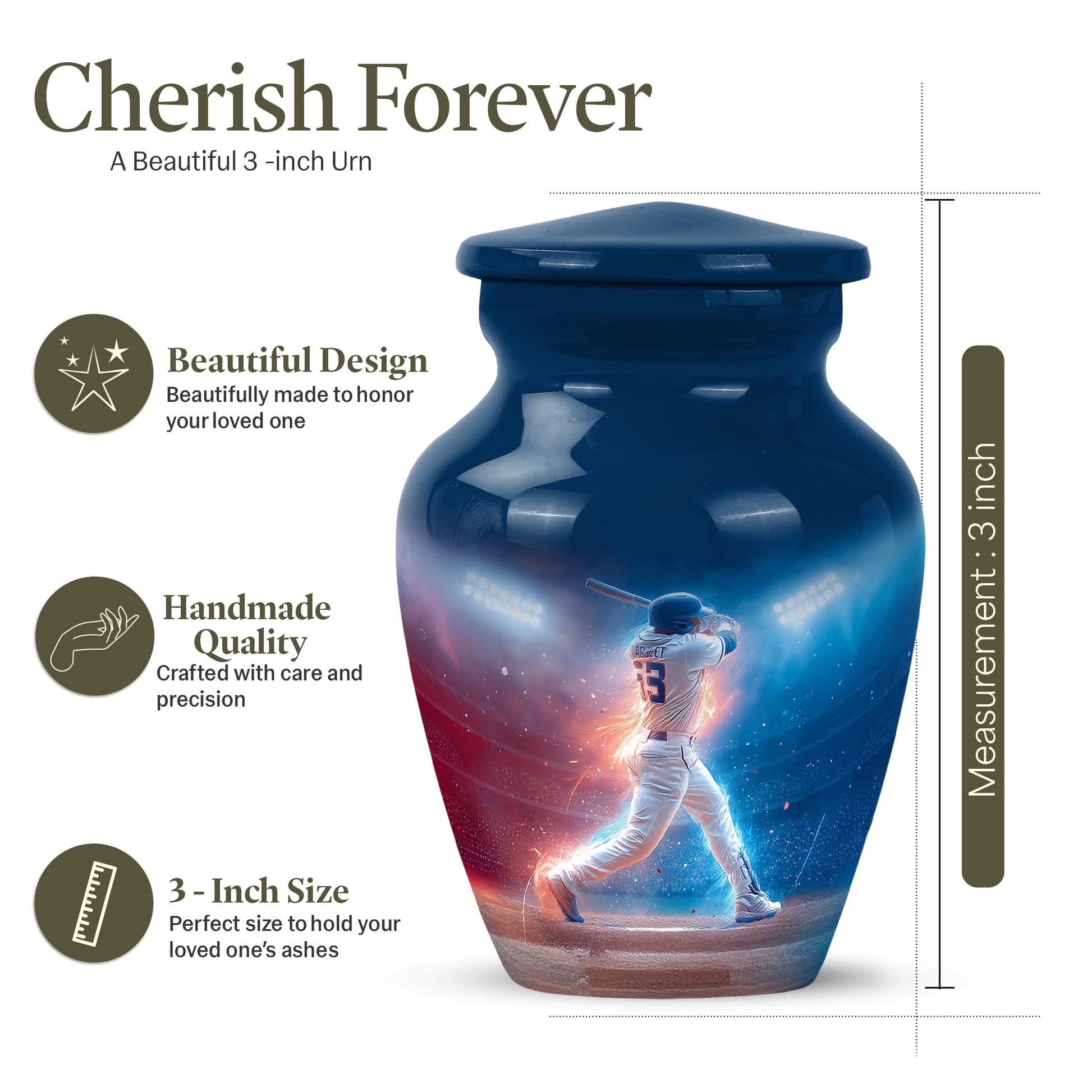 Calming Blue Baseball Cremation Urn close-up of engraving and surface detail - elegant classic baseball relief with fine detailing - mini keepsake memorial for portion of cremation ashes