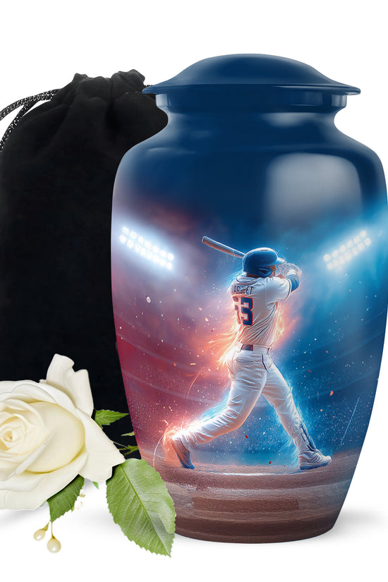 Indigo Baseball Cremation Urn angled view of lid and engraved motif - classic sculpted baseball pattern on smooth aluminum - full-size 10 inch 200 cubic inch adult cremation urn