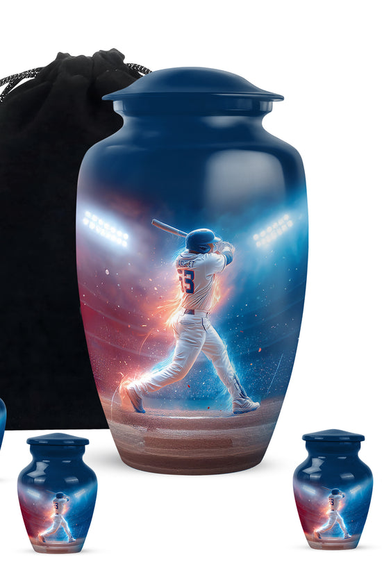 Twilight Blue Baseball Cremation Urn top-down view of secure threaded lid - elegant classic baseball relief with fine detailing - memorial set with one large and four small urns