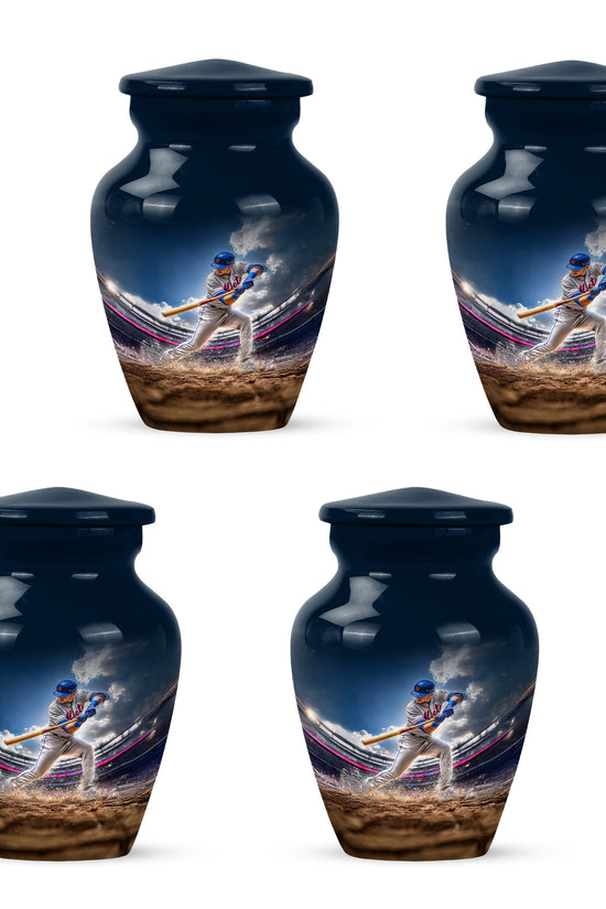 Celestial Blue Baseball Cremation Urn side profile showing urn shape - timeless baseball motif etched into premium metal - 10 inch aluminum urn for cremated remains