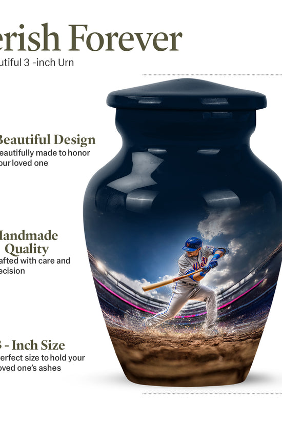 Celestial Blue Baseball Cremation Urn close-up of engraving and surface detail - timeless baseball motif etched into premium metal - mini keepsake memorial for portion of cremation ashes