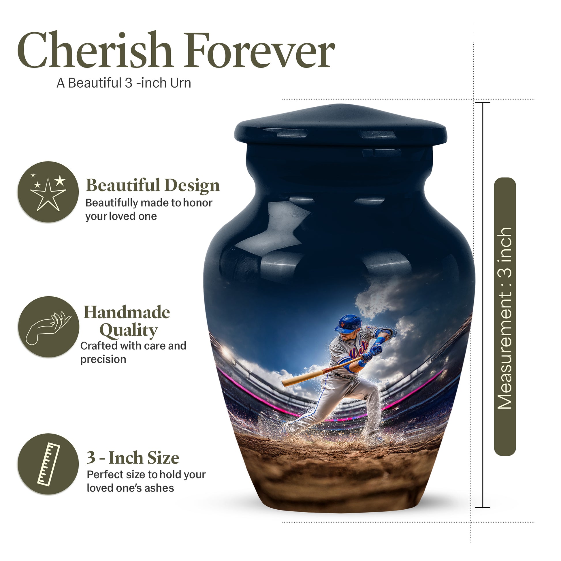 Celestial Blue Baseball Cremation Urn close-up of engraving and surface detail - timeless baseball motif etched into premium metal - mini keepsake memorial for portion of cremation ashes