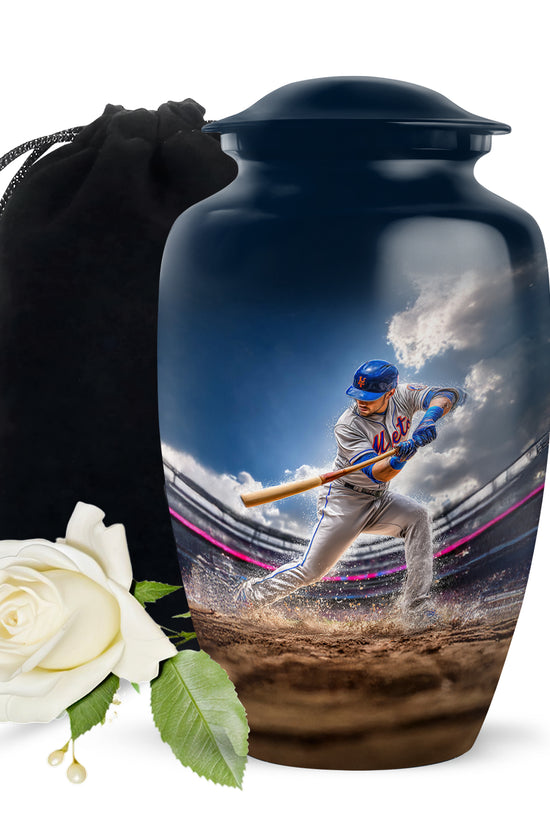 Celestial Blue Baseball Cremation Urn angled view of lid and engraved motif - classic sculpted baseball pattern on smooth aluminum - full-size 10 inch 200 cubic inch adult cremation urn