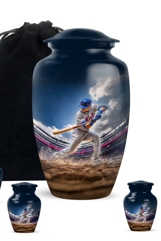 Calming Blue Baseball Cremation Urn top-down view of secure threaded lid - elegant classic baseball relief with fine detailing - memorial set with one large and four small urns