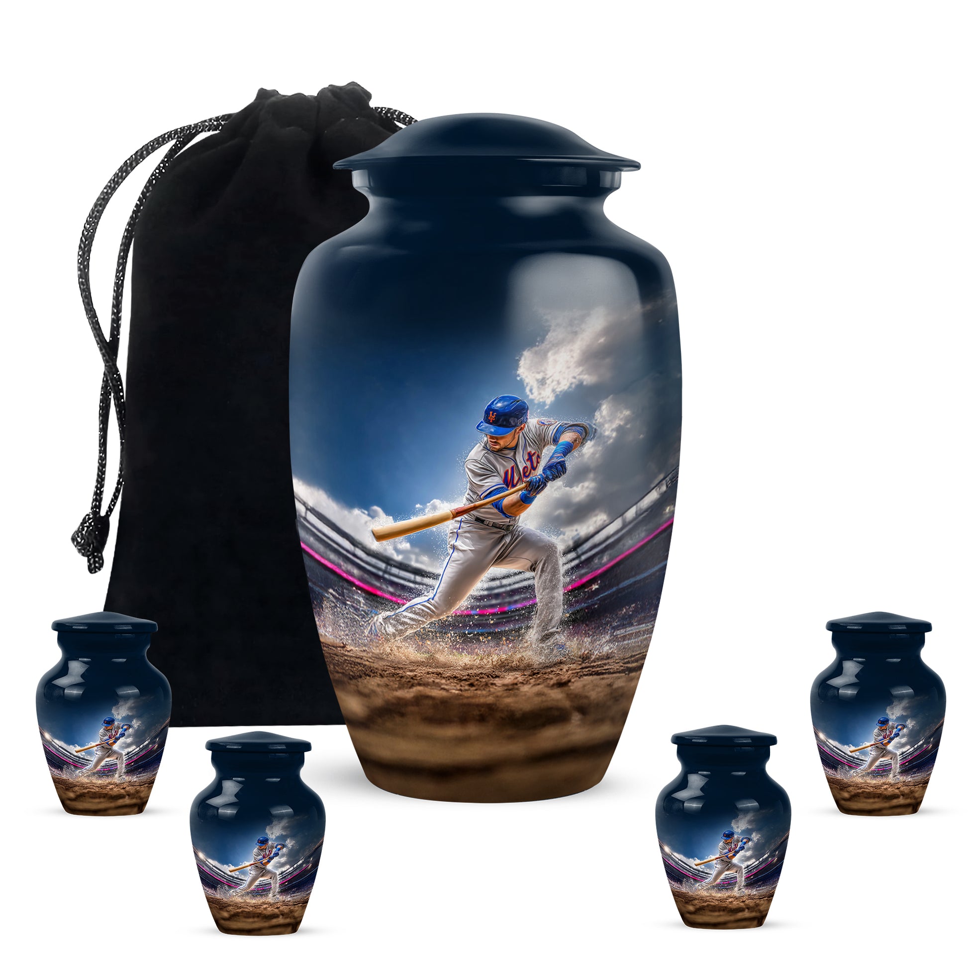 Calming Blue Baseball Cremation Urn top-down view of secure threaded lid - elegant classic baseball relief with fine detailing - memorial set with one large and four small urns