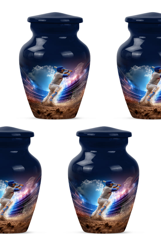 Cornflower Blue Baseball Cremation Urn side profile showing urn shape - elegant classic baseball relief with fine detailing - 10 inch aluminum urn for cremated remains