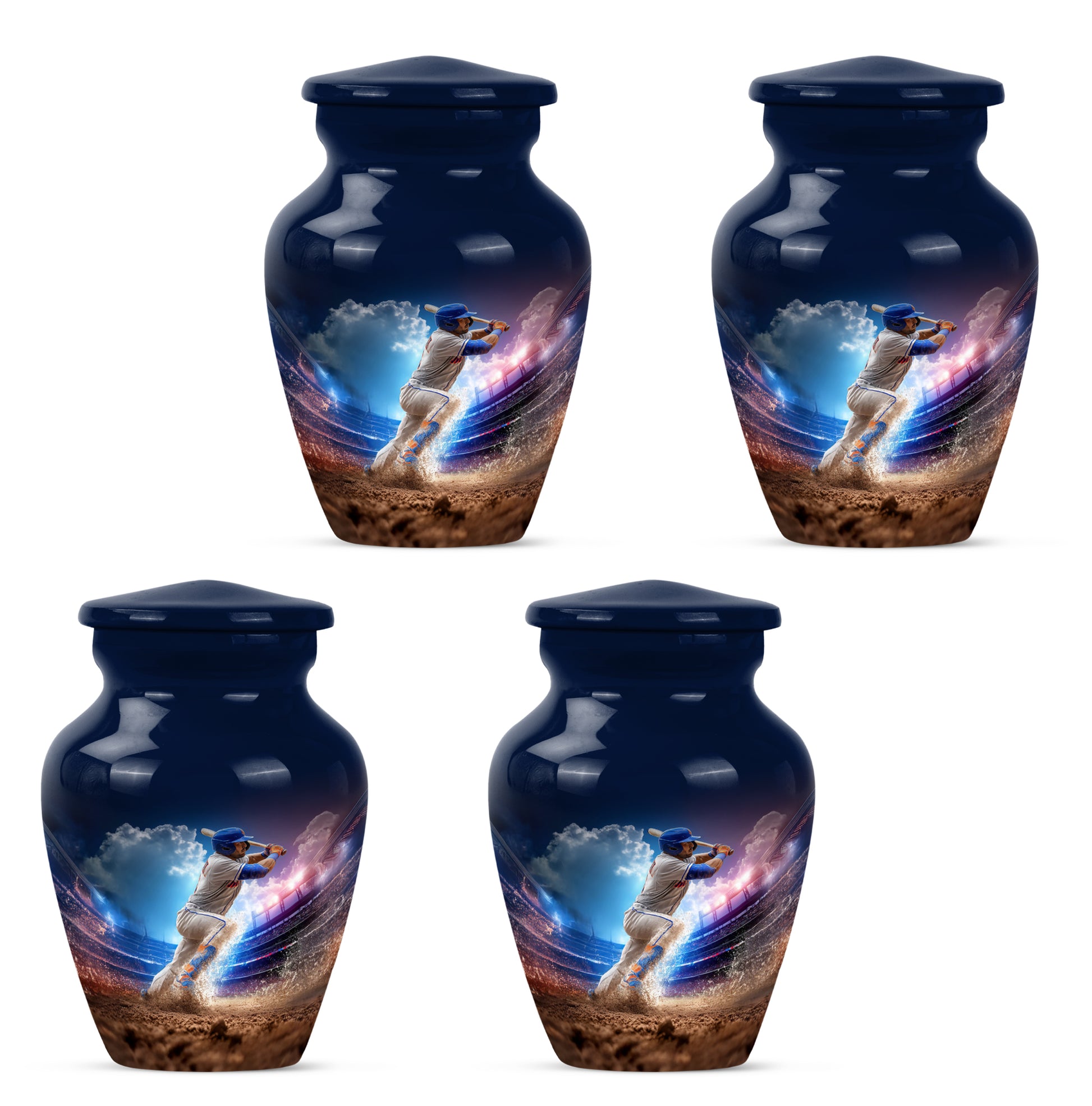 Cornflower Blue Baseball Cremation Urn side profile showing urn shape - elegant classic baseball relief with fine detailing - 10 inch aluminum urn for cremated remains
