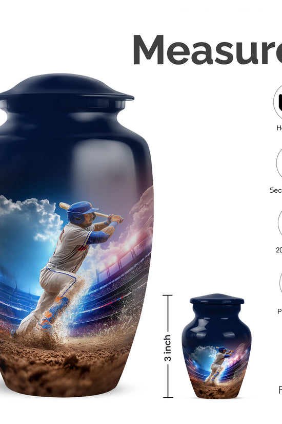 Icy Blue Baseball Cremation Urn close-up of engraving and surface detail - timeless baseball motif etched into premium metal - mini keepsake memorial for portion of cremation ashes