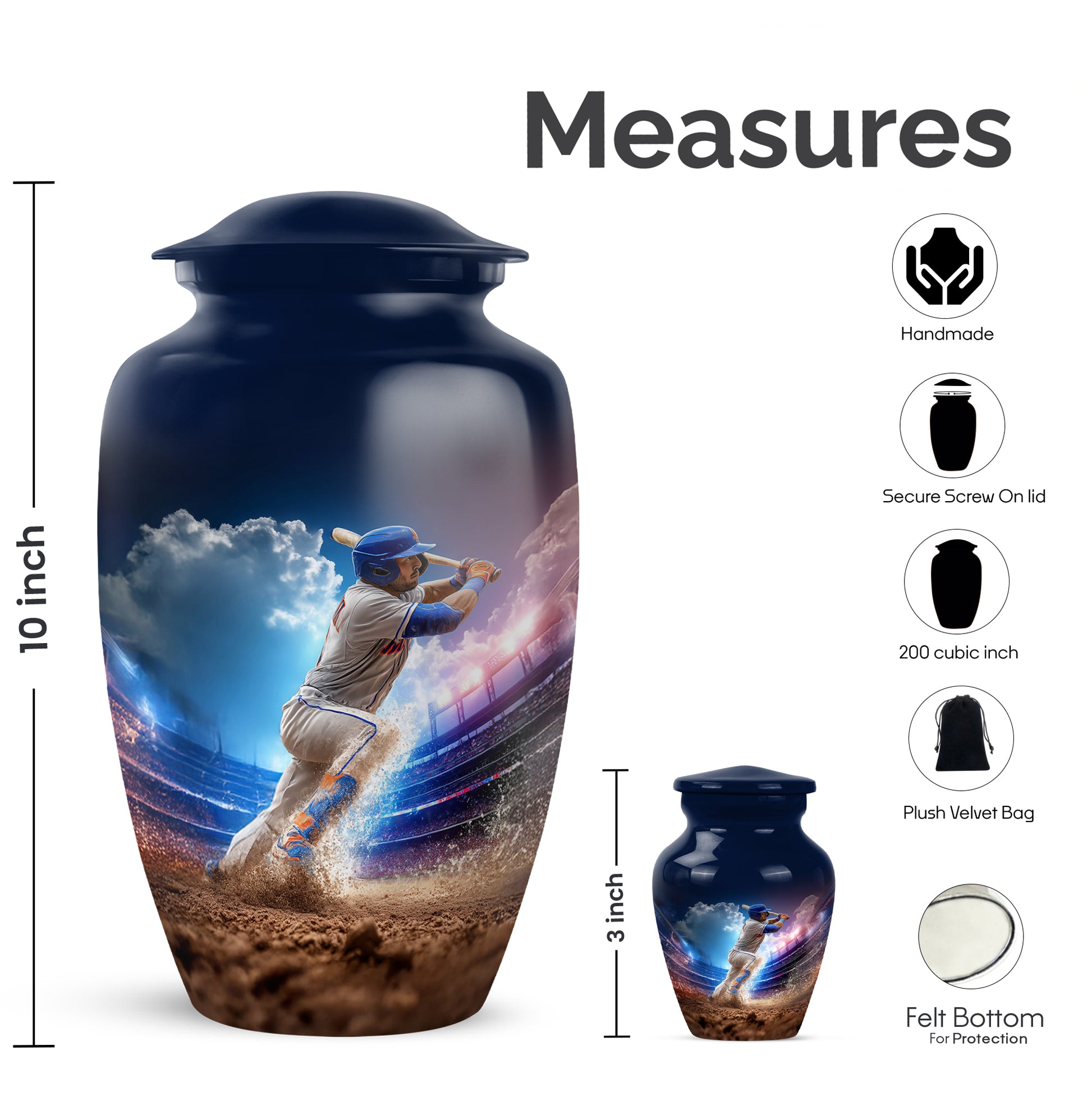 Icy Blue Baseball Cremation Urn close-up of engraving and surface detail - timeless baseball motif etched into premium metal - mini keepsake memorial for portion of cremation ashes