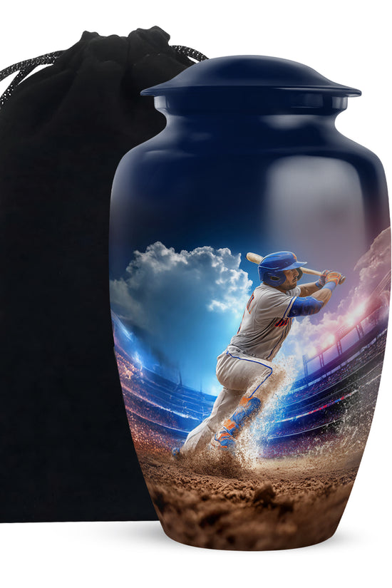 Bright Blue Baseball Cremation Urn angled view of lid and engraved motif - traditional baseball engraving with hand-polished finish - full-size 10 inch 200 cubic inch adult cremation urn