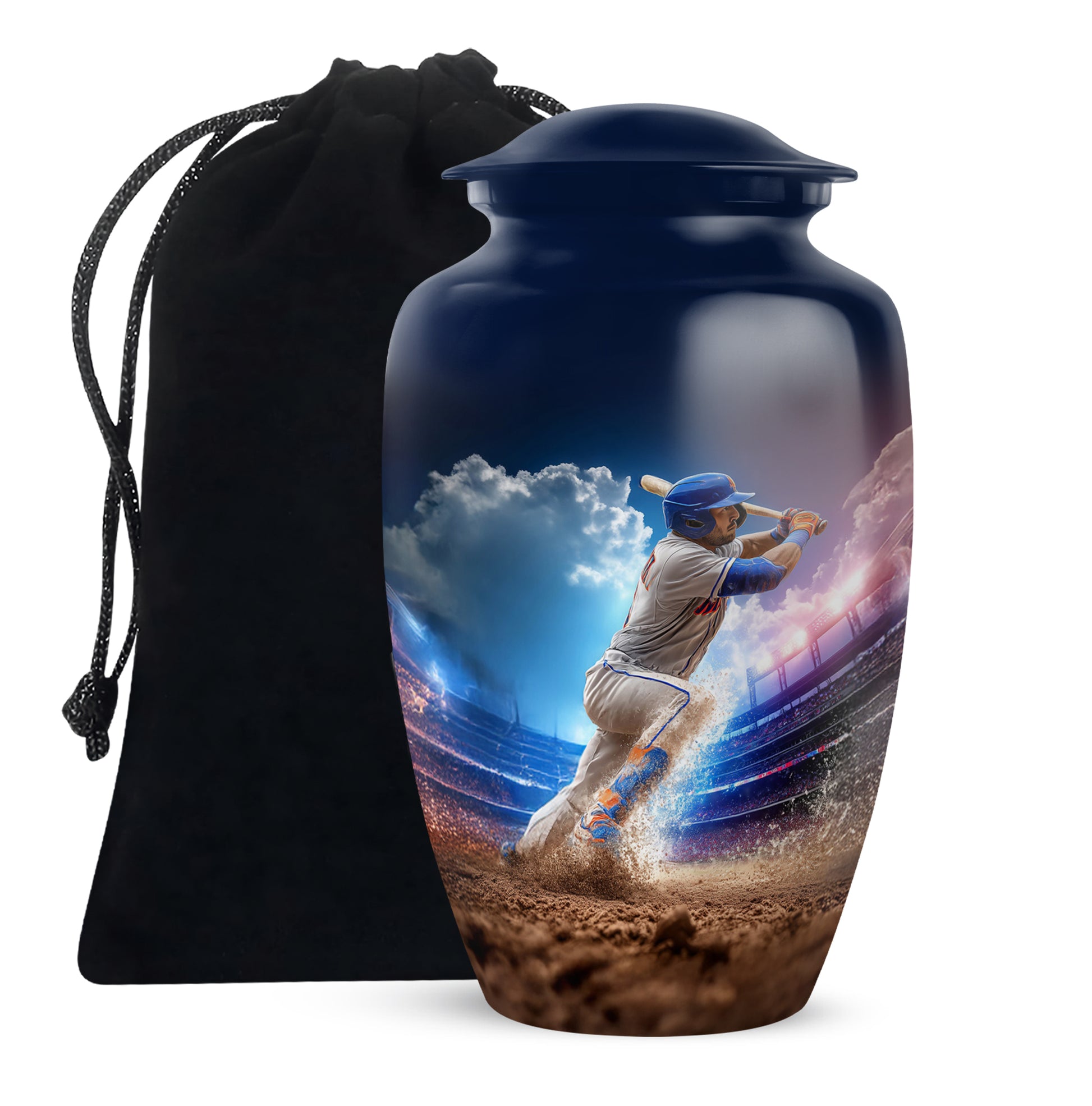 Bright Blue Baseball Cremation Urn angled view of lid and engraved motif - traditional baseball engraving with hand-polished finish - full-size 10 inch 200 cubic inch adult cremation urn