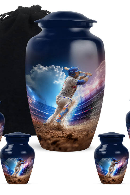 Calming Blue Baseball Cremation Urn top-down view of secure threaded lid - elegant classic baseball relief with fine detailing - memorial set with one large and four small urns