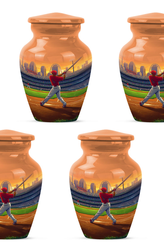 Warm Gold Baseball Cremation Urn side profile showing urn shape - elegant classic baseball relief with fine detailing - 10 inch aluminum urn for cremated remains
