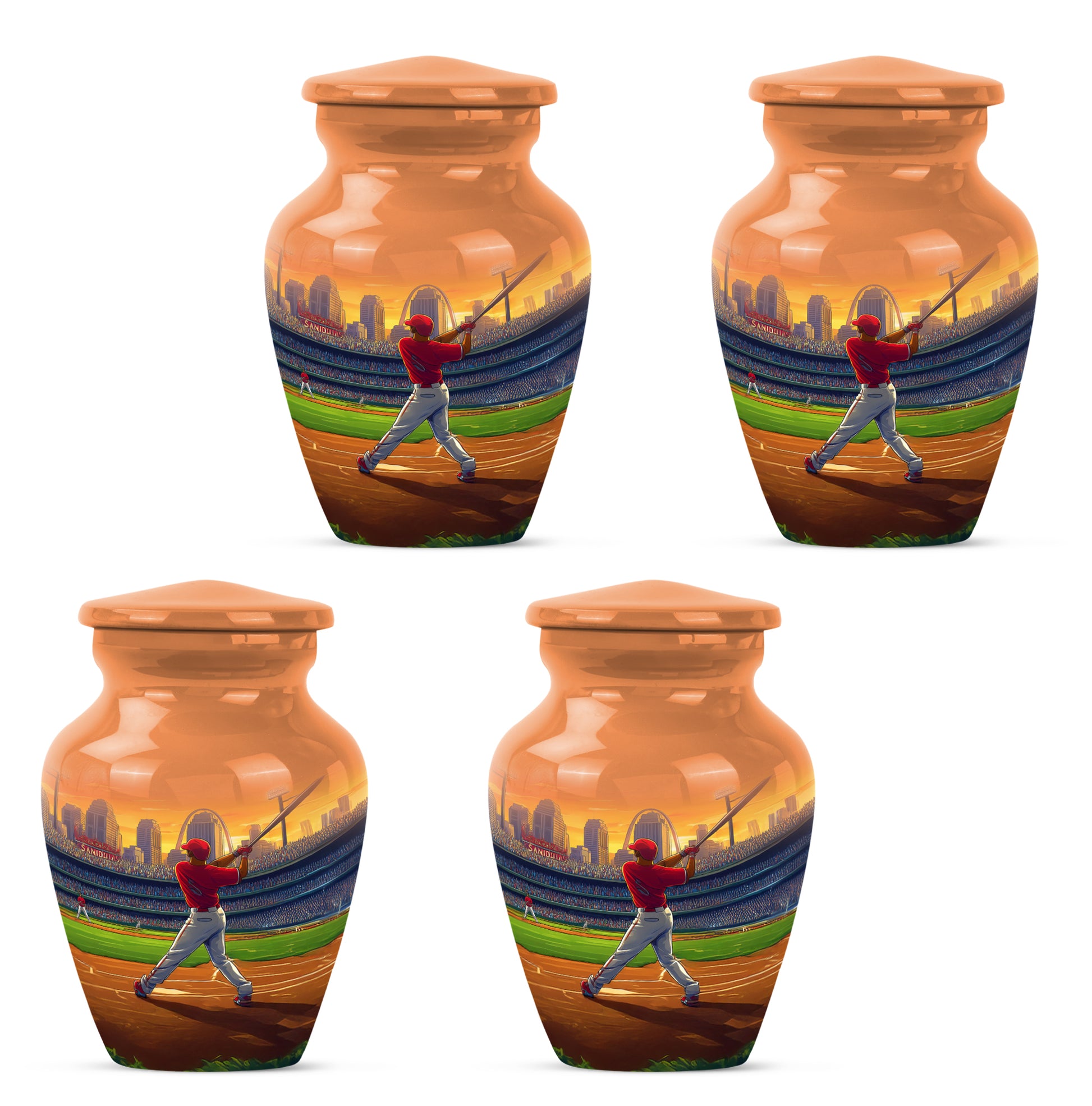 Warm Gold Baseball Cremation Urn side profile showing urn shape - elegant classic baseball relief with fine detailing - 10 inch aluminum urn for cremated remains