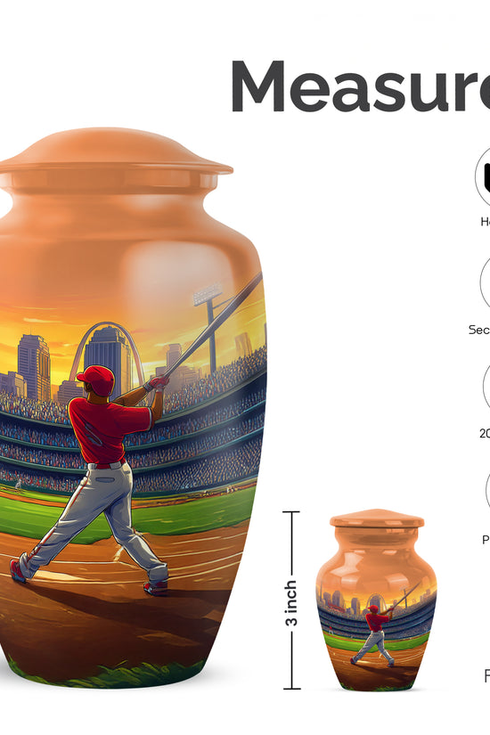 Burnished Gold Baseball Cremation Urn close-up of engraving and surface detail - elegant classic baseball relief with fine detailing - mini keepsake memorial for portion of cremation ashes