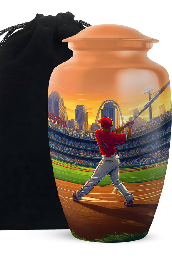 Burnished Gold Baseball Cremation Urn angled view of lid and engraved motif - traditional baseball engraving with hand-polished finish - full-size 10 inch 200 cubic inch adult cremation urn