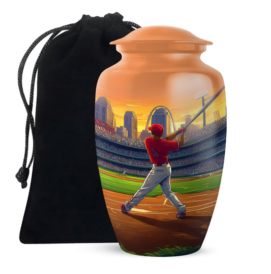 Burnished Gold Baseball Cremation Urn angled view of lid and engraved motif - traditional baseball engraving with hand-polished finish - full-size 10 inch 200 cubic inch adult cremation urn
