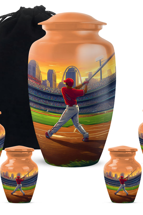 Champagne Gold Baseball Cremation Urn top-down view of secure threaded lid - timeless baseball motif etched into premium metal - memorial set with one large and four small urns