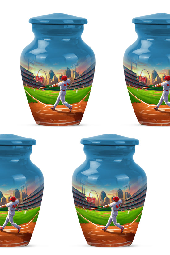 Cobalt Blue Baseball Cremation Urn side profile showing urn shape - traditional baseball engraving with hand-polished finish - 10 inch aluminum urn for cremated remains