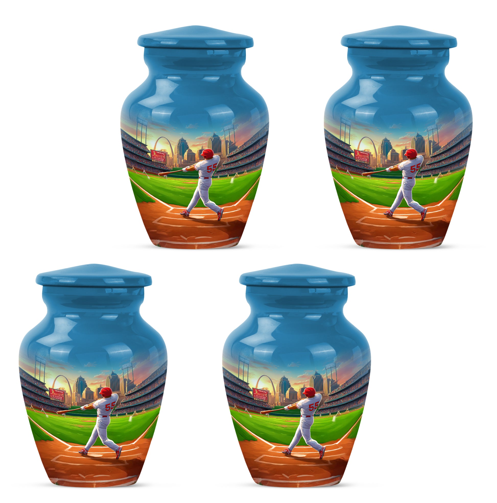 Cobalt Blue Baseball Cremation Urn side profile showing urn shape - traditional baseball engraving with hand-polished finish - 10 inch aluminum urn for cremated remains