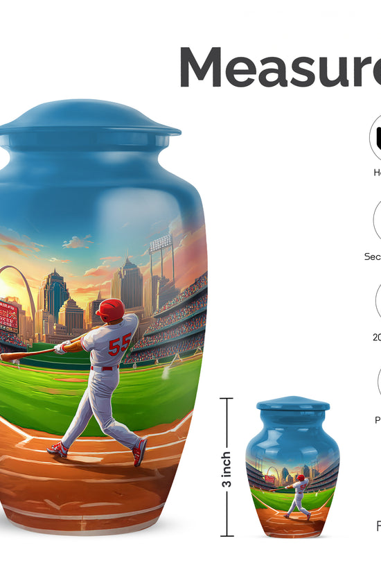 Twilight Blue Baseball Cremation Urn close-up of engraving and surface detail - traditional baseball engraving with hand-polished finish - mini keepsake memorial for portion of cremation ashes