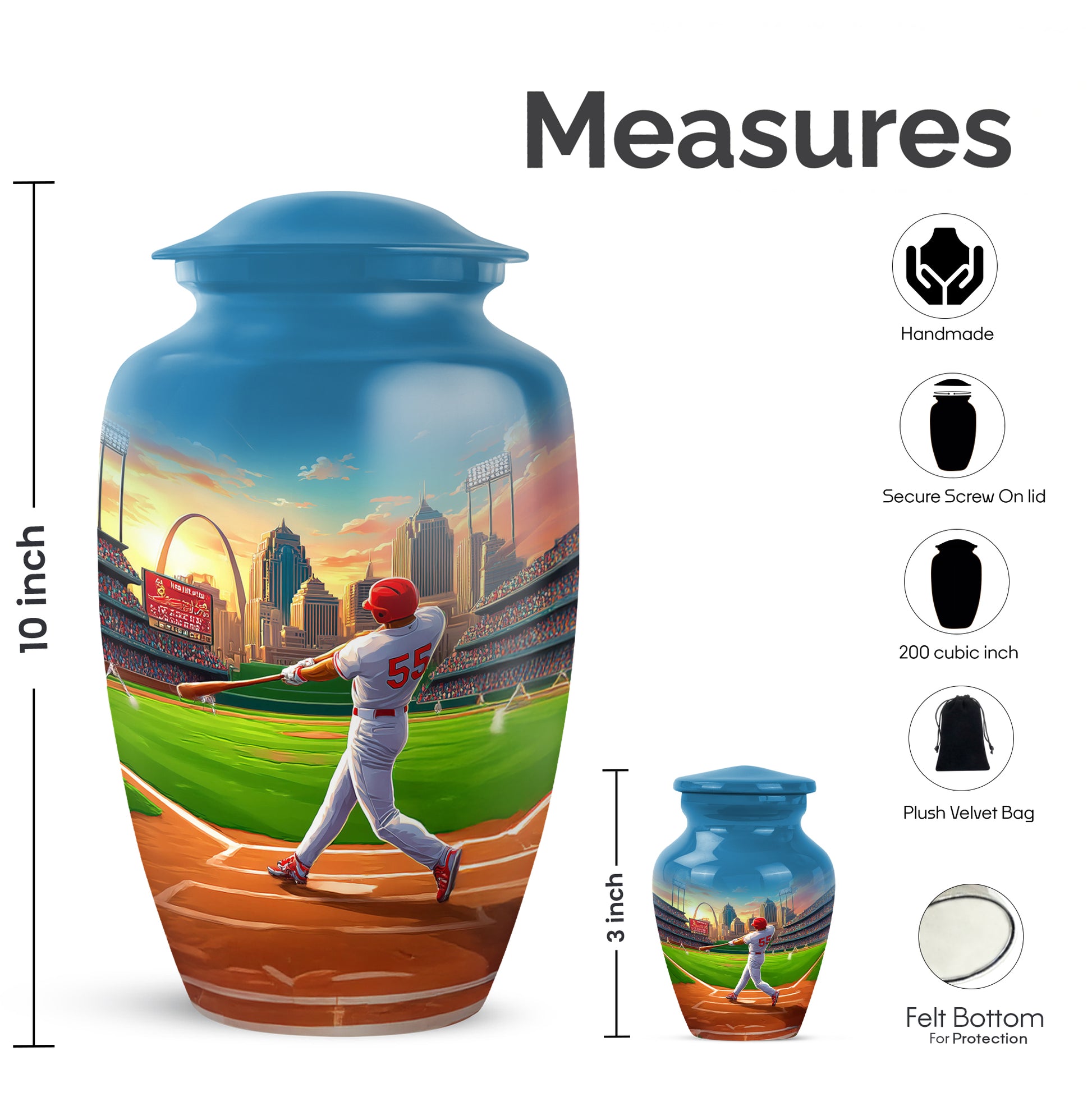 Twilight Blue Baseball Cremation Urn close-up of engraving and surface detail - traditional baseball engraving with hand-polished finish - mini keepsake memorial for portion of cremation ashes