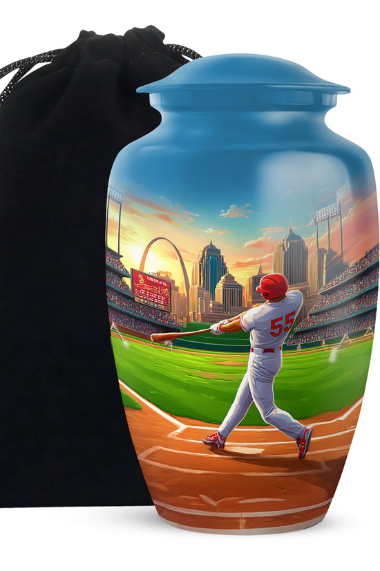 Navy Blue Baseball Cremation Urn angled view of lid and engraved motif - classic sculpted baseball pattern on smooth aluminum - full-size 10 inch 200 cubic inch adult cremation urn