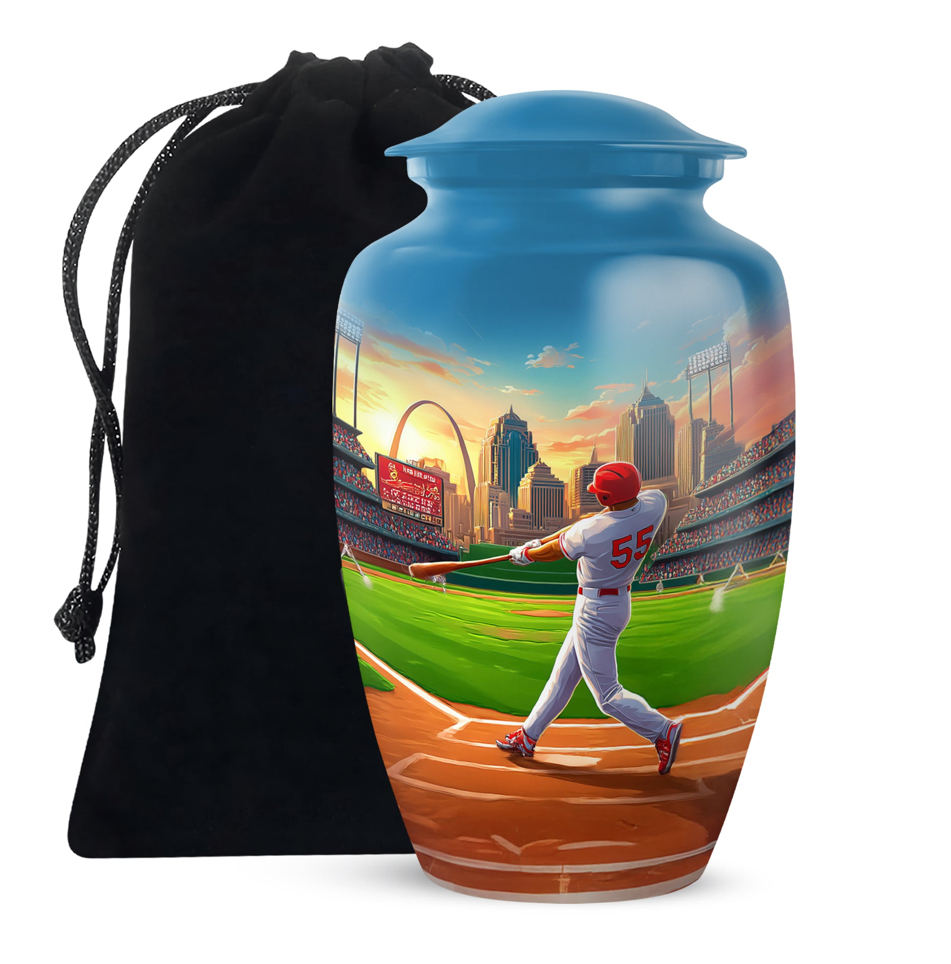 Navy Blue Baseball Cremation Urn angled view of lid and engraved motif - classic sculpted baseball pattern on smooth aluminum - full-size 10 inch 200 cubic inch adult cremation urn